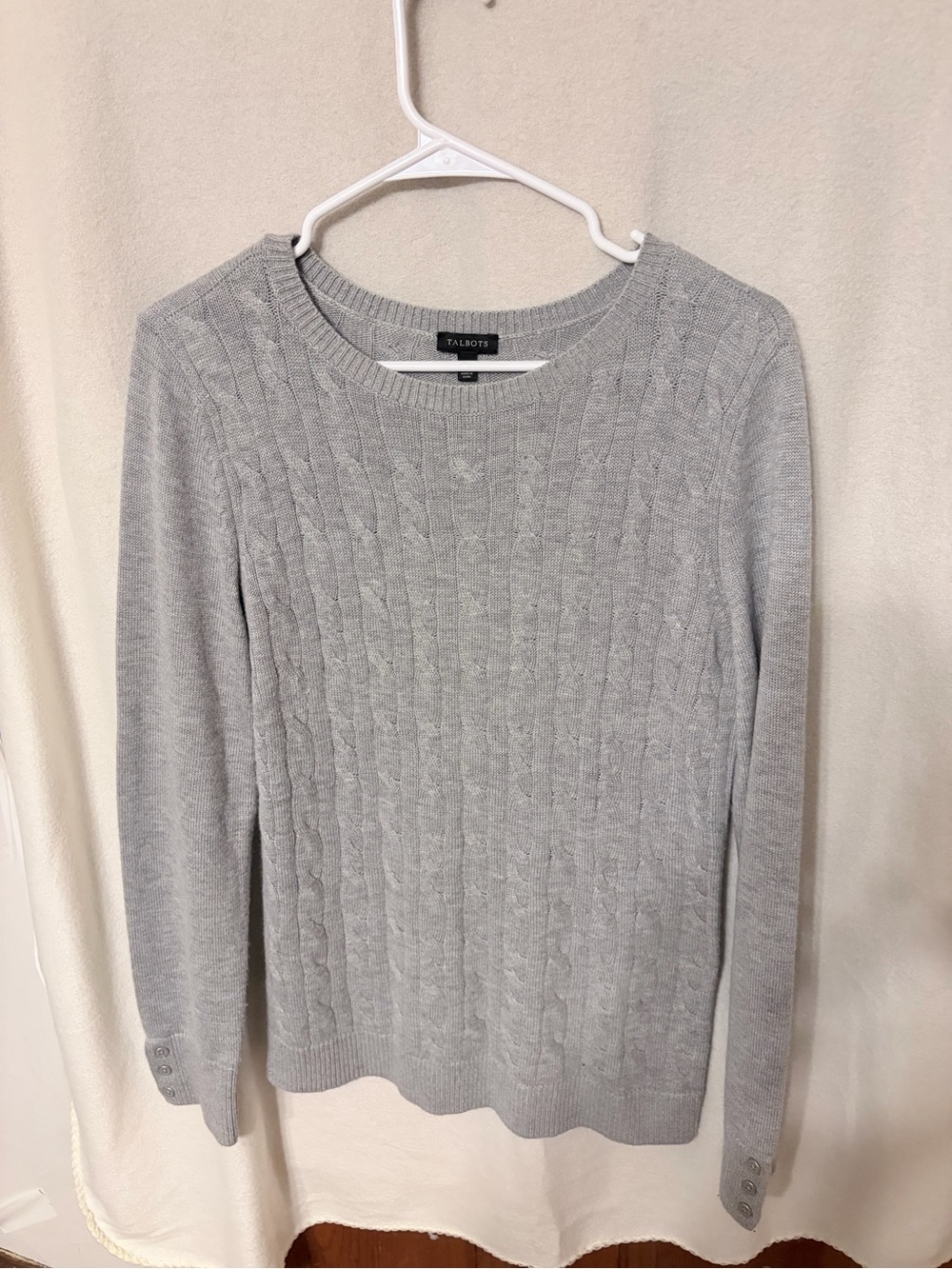 Talbots Lambswool Blend Gray Cable Knit Button Cuff Sweater
